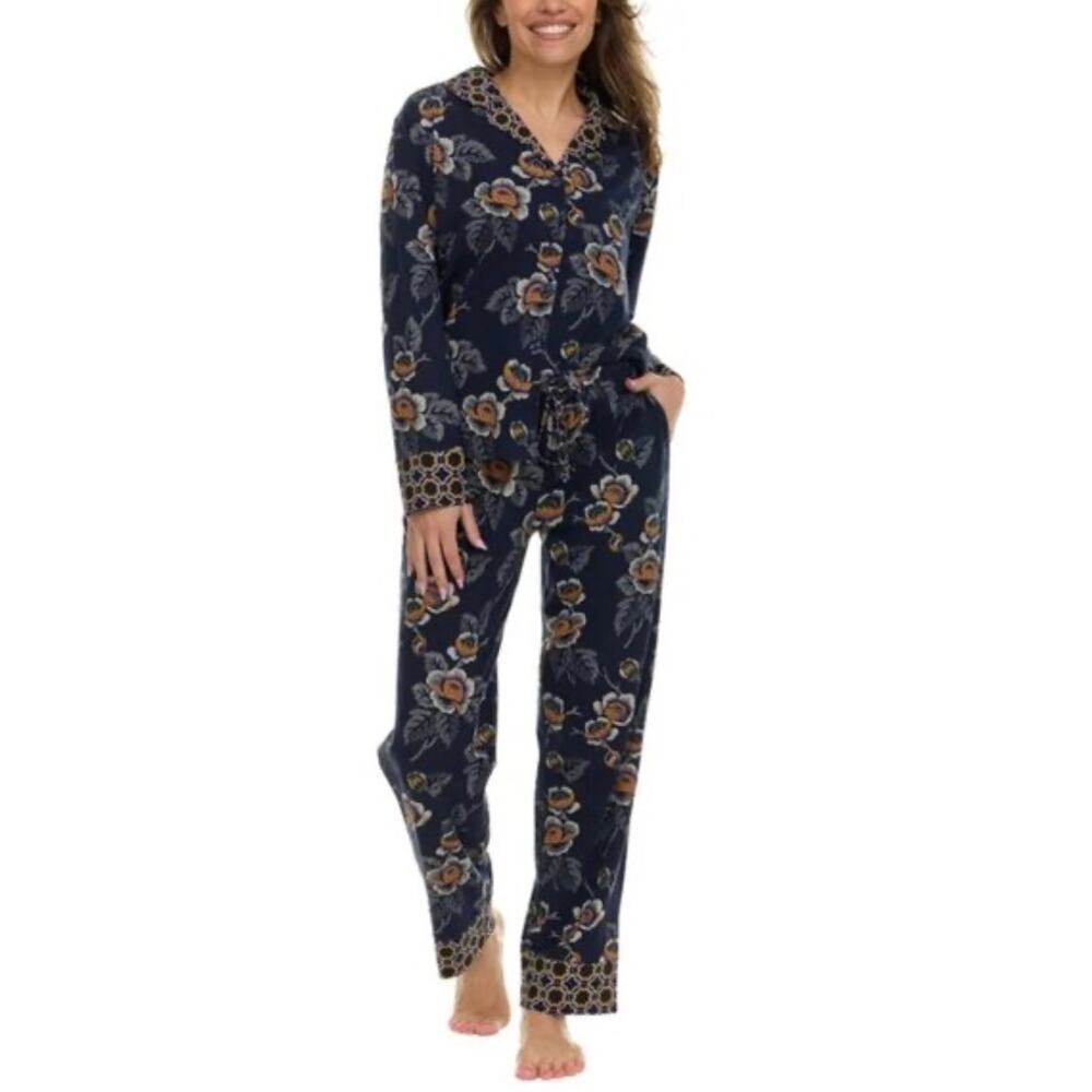 Vera Bradley navy floral pajama set, long-sleeve button-up top & pant, size XS